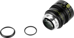 Lähikuva NiSi Cine Lens Athena Prime Set PL-Mount -objektiivista, jossa on merkintä "85" ja kaksi pyöreää suodatinta sen vieressä valkoisella taustalla. Objektiivissa on vihreät ja valkoiset merkinnät ja metallinen kiinnitys.