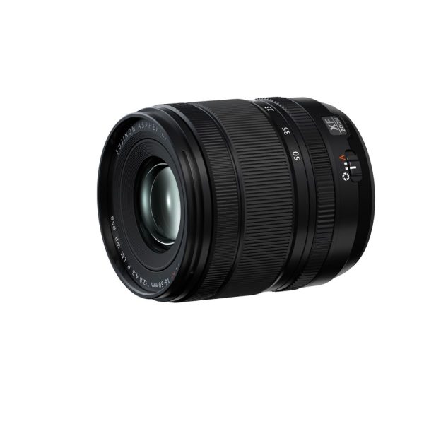 The black Fujifilm Fujinon XF 16-50mm f/2.8-4.8 R LM WR lens is shown on a white background, with the focus ring and zoom ring visible, and the lens markings visible.