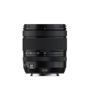 The black Fujifilm Fujinon XF 16-50mm f/2.8-4.8 R LM WR lens stands upright against a white background, with its focal length markings and focus and zoom rings visible.