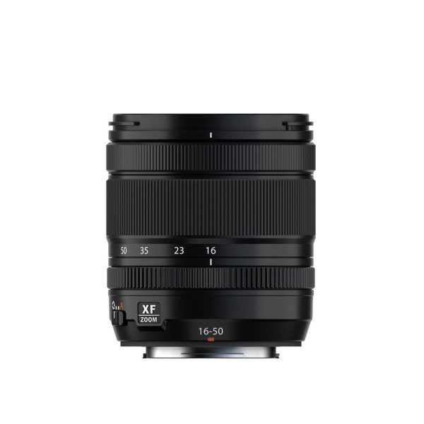 The black Fujifilm Fujinon XF 16-50mm f/2.8-4.8 R LM WR lens stands upright against a white background, with its focal length markings and focus and zoom rings visible.