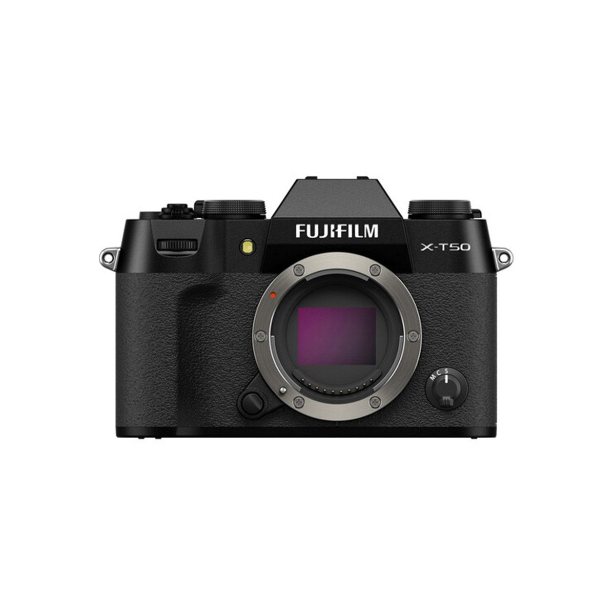 The Fujifilm X-T50 system camera, black, is visible from the front when its lens mount is visible without the lens attached, highlighting the visible dials and buttons on the top of the camera.