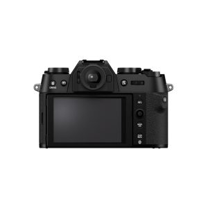 Rear view of the Fujifilm X-T50 system camera, black, showing the LCD screen, control buttons, dials and viewfinder against a white background.