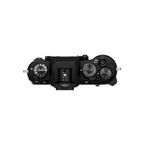 The top viewfinder of the Fujifilm X-T50 system camera shows the control dials, on/off switch, central hot shoe mount and the various camera settings, located on both sides.