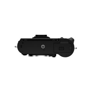 The black Fujifilm X-T50 system camera is shown from below, showing its battery compartment, tripod mount and partially extended lens against a white background.