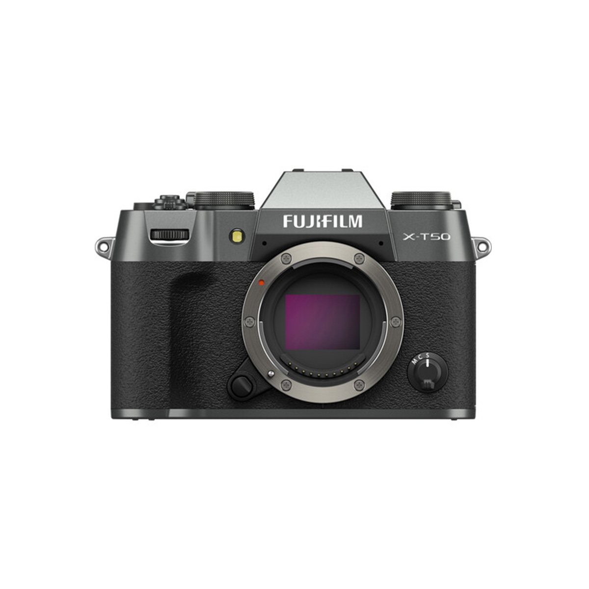 Front view of Fujifilm X-T50 system camera, grey showing the sensor and several adjustment dials on the black and silver camera body, without lens attached.