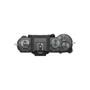 Top view of the Fujifilm X-T50 system camera with grey mode, shutter speed and exposure compensation dials, on/off switch and hot shoe mount - all against a white background.