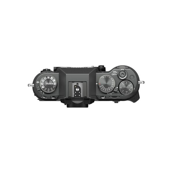 Top view of the Fujifilm X-T50 system camera with grey mode, shutter speed and exposure compensation dials, on/off switch and hot shoe mount - all against a white background.