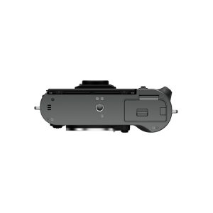 Fujifilm X-T50 system camera, grey, with battery compartment visible from above, tripod mount and lens housing on a white background.