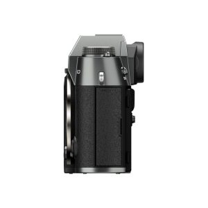 Side view of Fujifilm X-T50 system camera, grey textured grip, lens mount, viewfinder and labelled HDMI port, against a white background.
