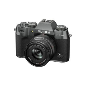 A Fujifilm X-T50 system camera, grey, is visible from the front right on a white background with a Fujino aspherical lens attached.