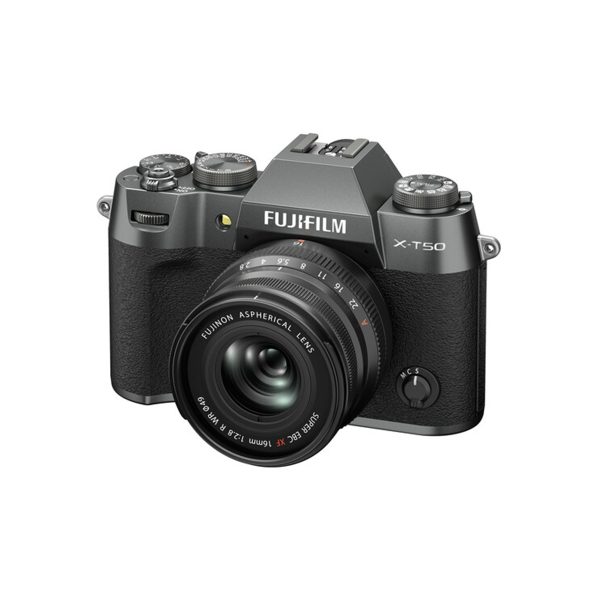 A Fujifilm X-T50 system camera, grey, is visible from the front right on a white background with a Fujino aspherical lens attached.