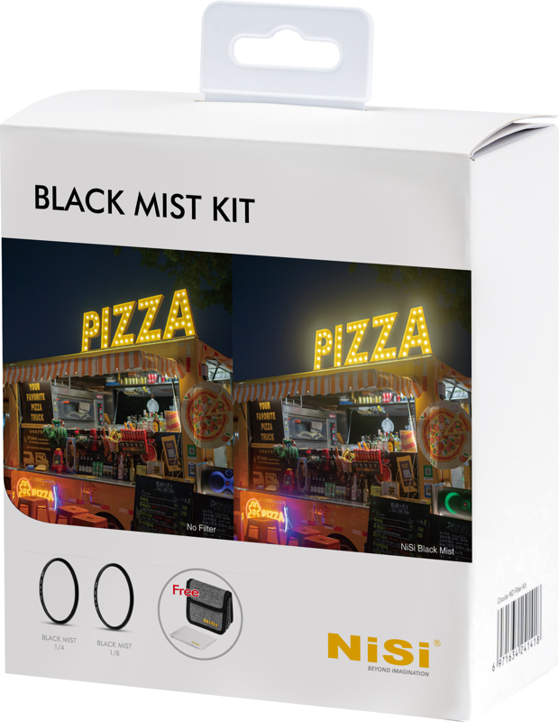 NiSi Filter Black Mist Kit 62mm -diffuusiosuodinlaatikossa on kaksi valaistua pizzatelineen kuvaa, joissa verrataan kuvia suodattimen kanssa ja ilman suodatinta, kaksi suodatinkuvaa ja ilmainen kotelokuvake.