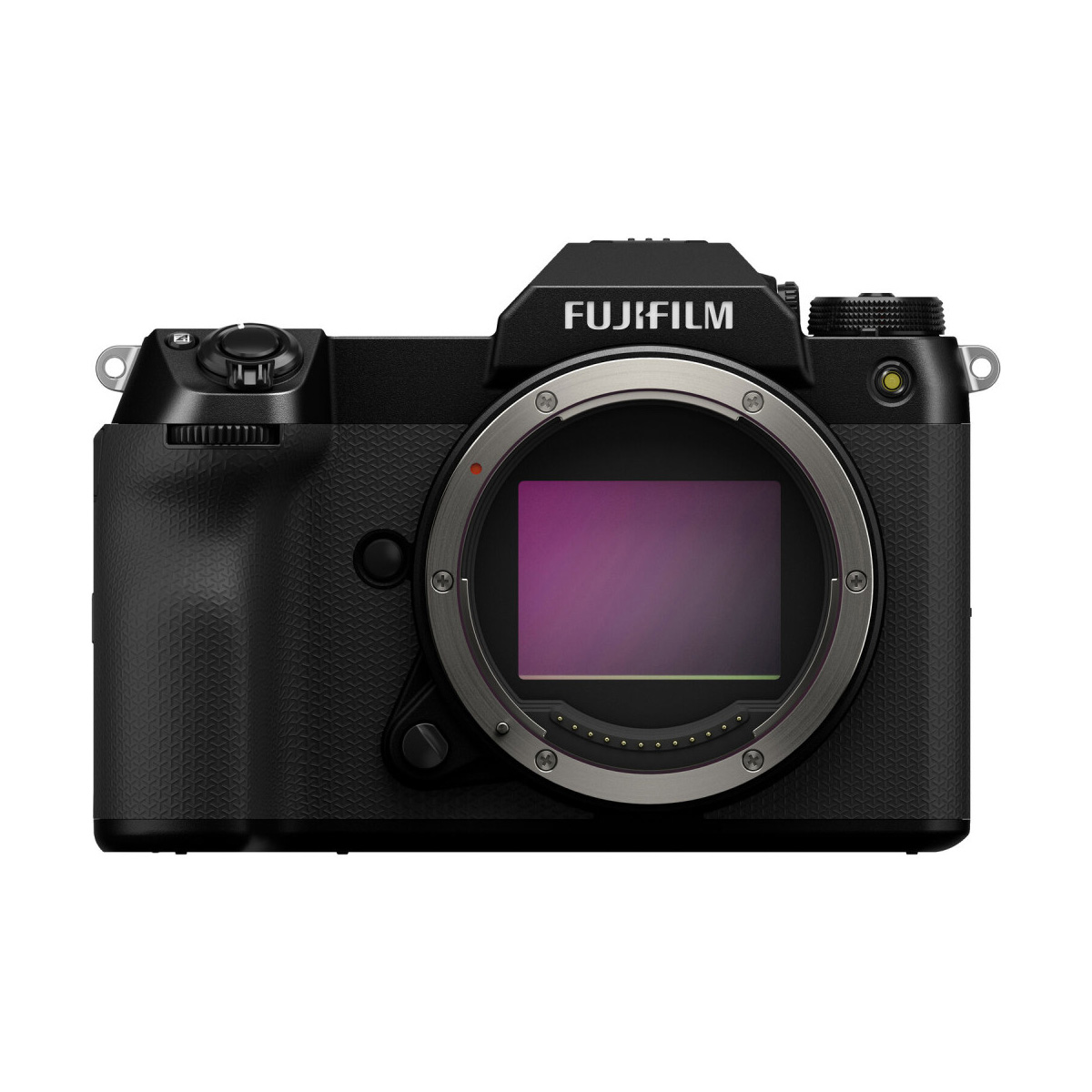 Etunäkymä Fujifilm GFX 100S II -järjestelmäkamerasta, jossa on suuri kenno, useita ohjauspainikkeita ja Fujifilm-logo objektiivin kiinnityksen yläpuolella.