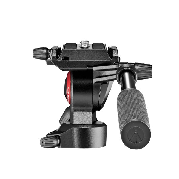 Manfrotto MVH400AH on musta videostatiivipää, jossa on ohjauskahva, säätönupit ja pikakiinnityslevy kameran vakaata kiinnitystä ja sulavaa liikettä varten.