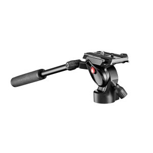 Manfrotto -videopää MVH400AH on musta kameran jalustapää, jossa on Manfrotto-logolla varustettu pitkä kääntökahva ja pikavapautuslevy, joka mahdollistaa sujuvan liikkeen ja tarkat säädöt.