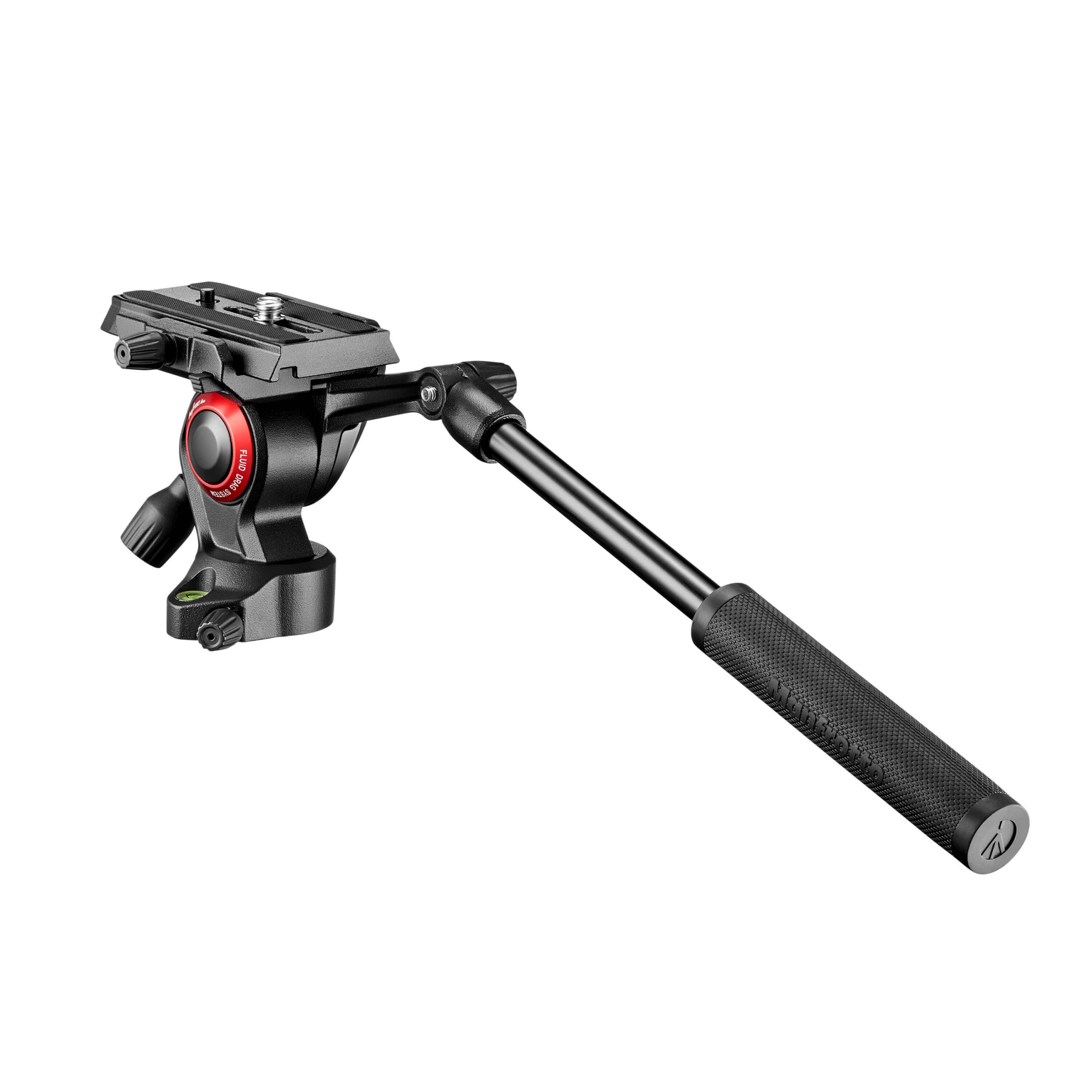 Manfrotto -videopää MVH400AH on musta videon nestepää, jossa on pitkä, kuvioitu kahva, säätönupit ja pikavapautuslevy kameran sulavaa liikettä ja vakautta varten.