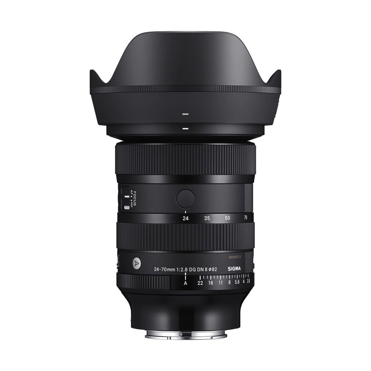 The Sigma 24-70mm f/2.8 DG DN II Art lens (Sony E, €200 cashback) stands upright against a white background, with its large zoom and focus rings and petal-shaped hood attached.