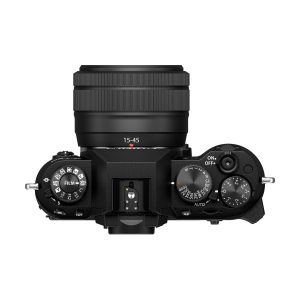 Fujifilm X-T50 + XC 15-45mm f/3.5-5.6, black with controls, buttons and 15-45mm lens attached, shown above. The ON/OFF switch, mode dial and exposure compensation dial are clearly visible.