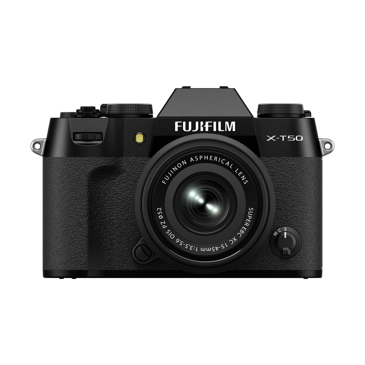 Etukuva mustasta Fujifilm X-T50 -digitaalikamerasta, jossa on XC 15-45mm f/3.5-5.6 -objektiivi ja Fujifilmin tuotemerkki ja mallinimi objektiivin yläpuolella.