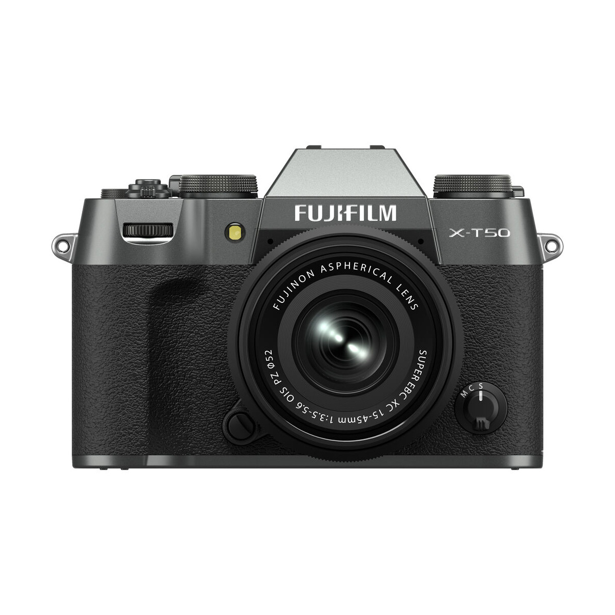 Fujifilm X-T50 + XC 15-45mm f/3.5-5.6 (silver) front view with silver finish, textured grip and visible controls on the body.