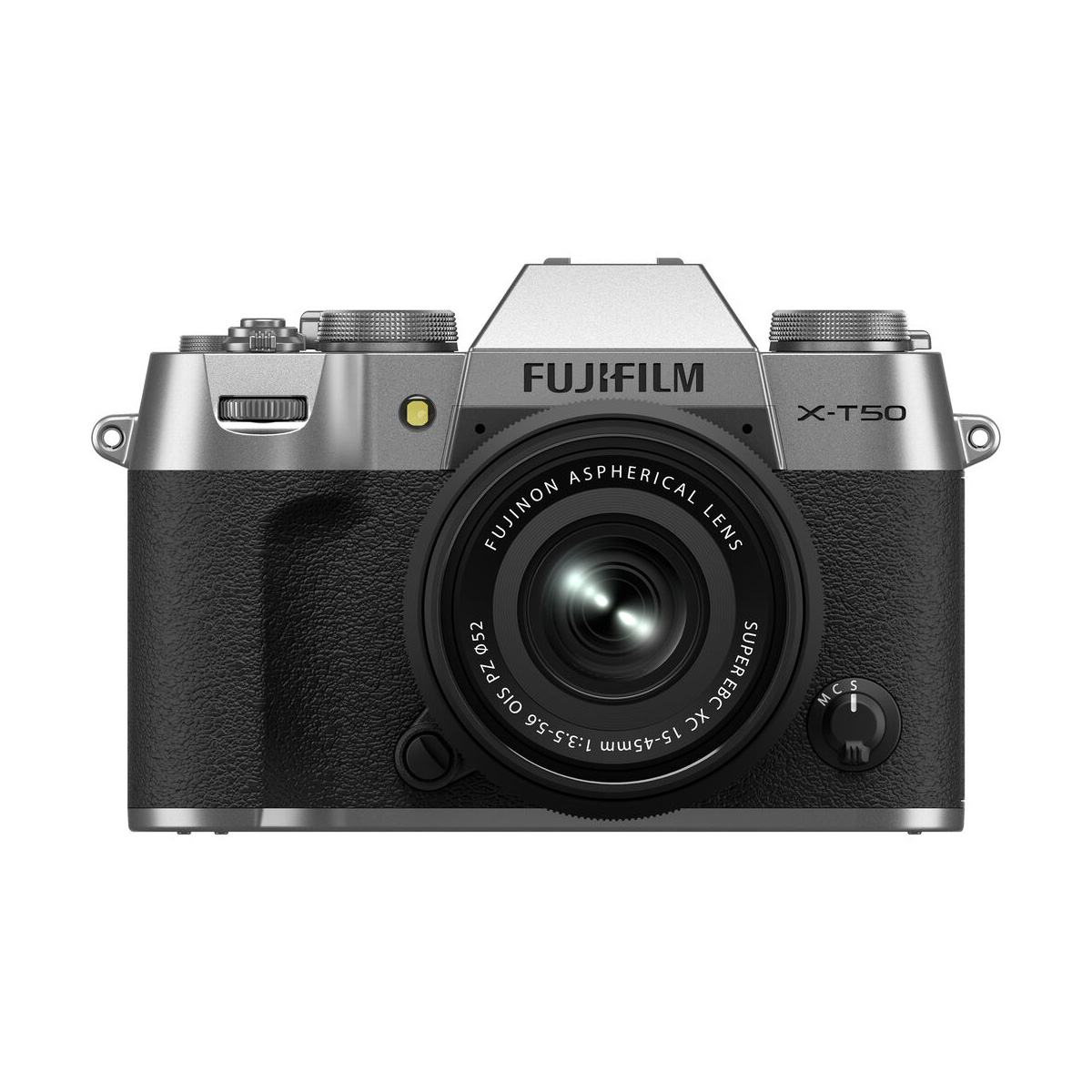 Fujifilm X-T50 + XC 15-45mm f/3.5-5.6, silver mirrorless digital camera with silver and black body with dials and buttons.