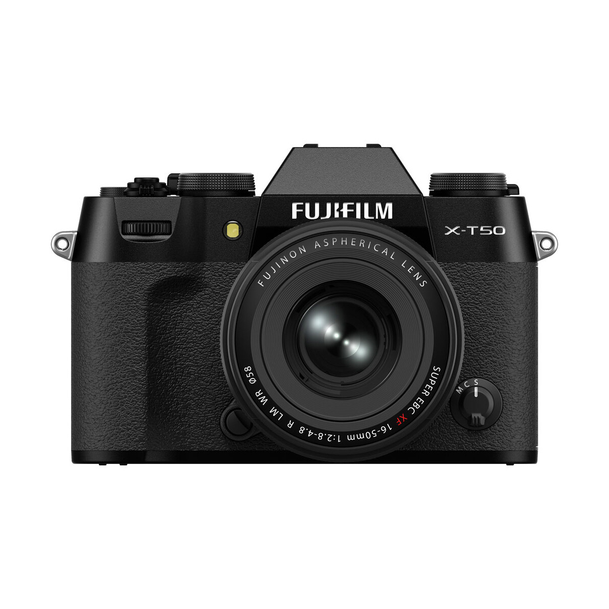 The black Fujifilm X-T50 + XF 16-50mm f/2.8-4.8 is shown from the front, with the brand and model name above the lens.