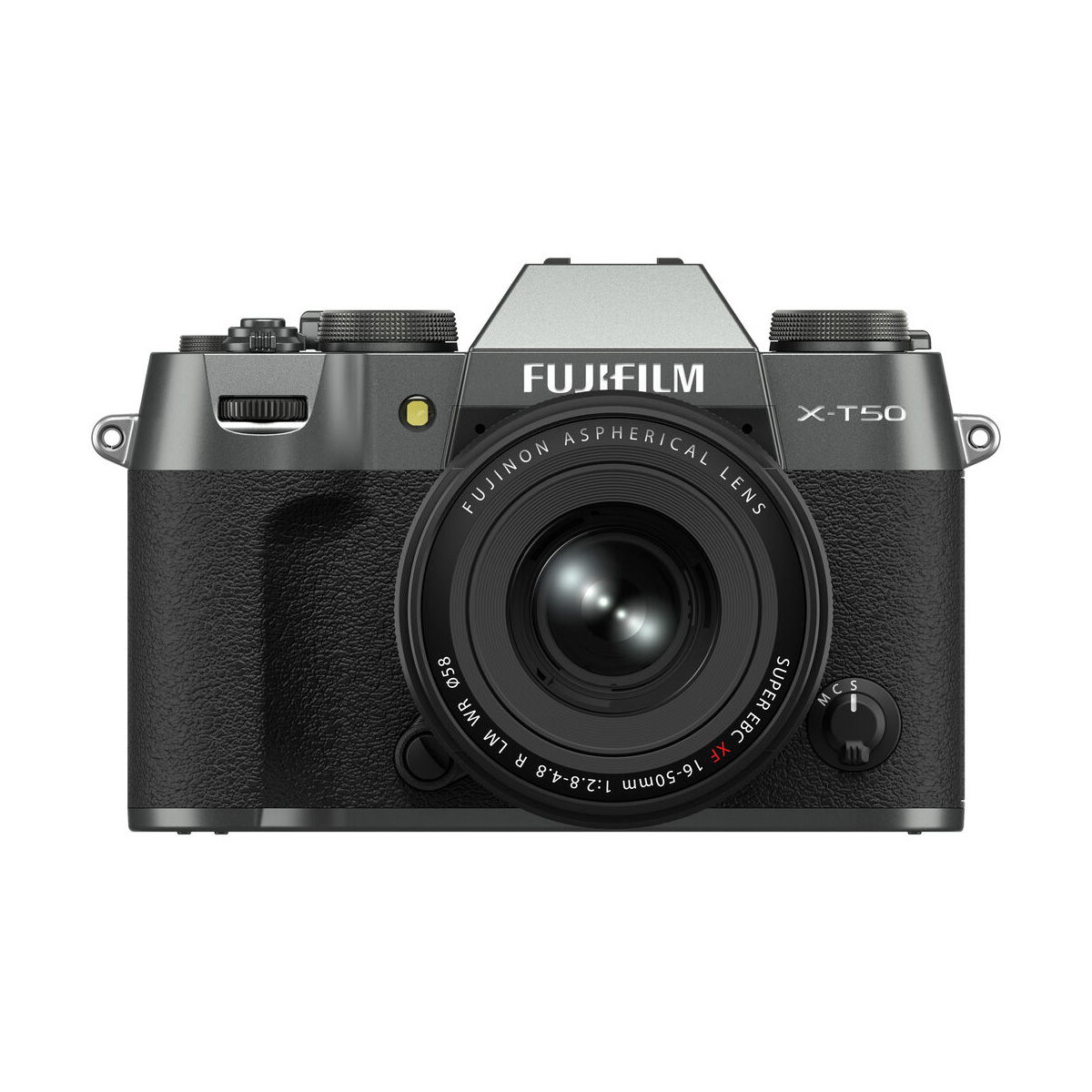 The Fujifilm X-T50 + XF 16-50mm f/2.8-4.8 in grey is shown from the front, with the lens and controls highlighted.