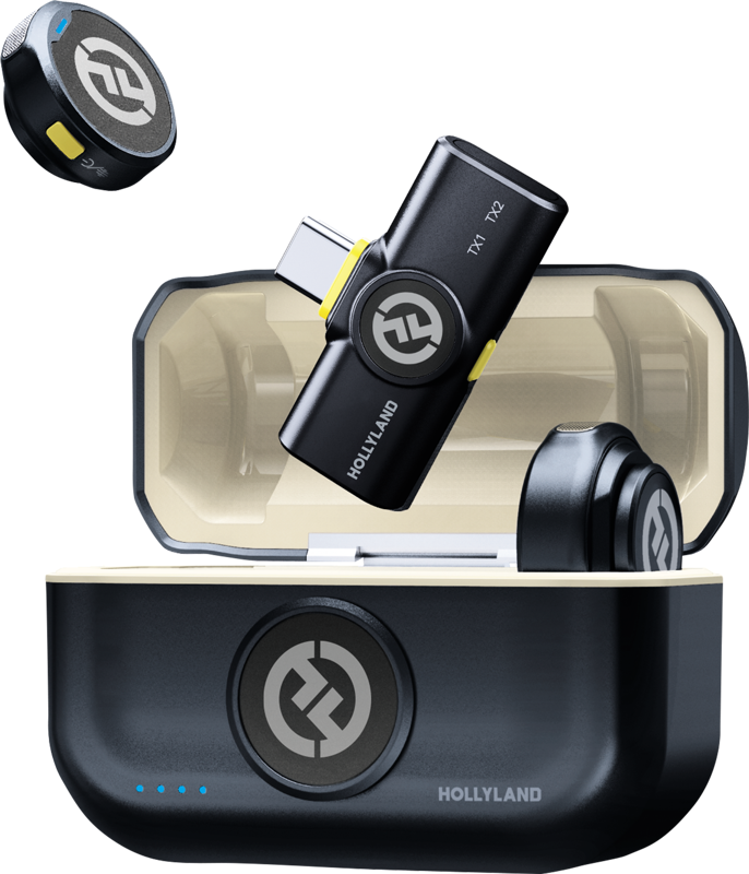 HOLLYLAND LARK M2 USB-C on langaton lavalier-mikrofonisarja Shine Charcoal -värissä, jossa on kaksi mikrofonia, LED-merkkivaloilla varustettu latauskotelo, USB-C-pistoke ja Hollyland-logo. Avattu kotelo paljastaa kuulokkeet ja sisätilan.
