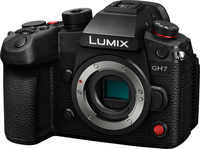 Panasonic Lumix GH7 -järjestelmäkameran lähikuvassa näkyy sen kuvioitu kahva, säätimet, painikkeet ja kenno ilman objektiivia.