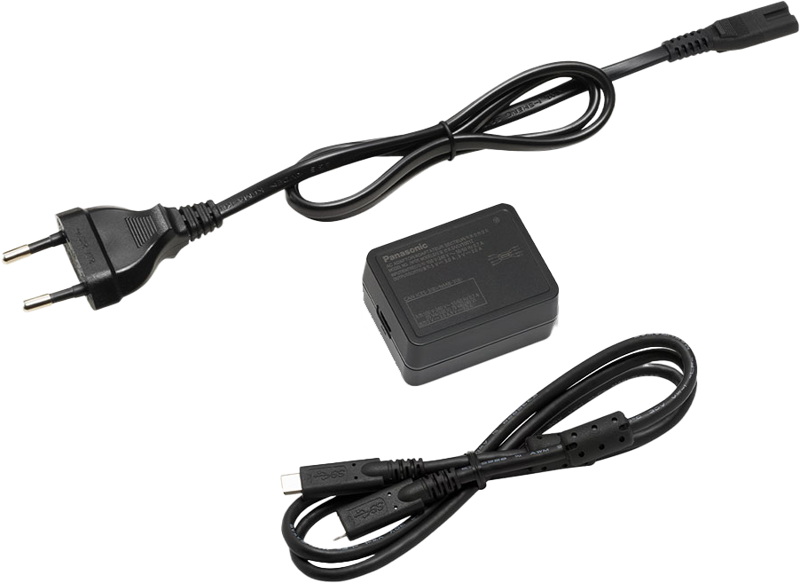 The black Panasonic AC Adapter USB-C power supply has a detachable two-core power cable and a separate USB-C cable, shown on a white background.