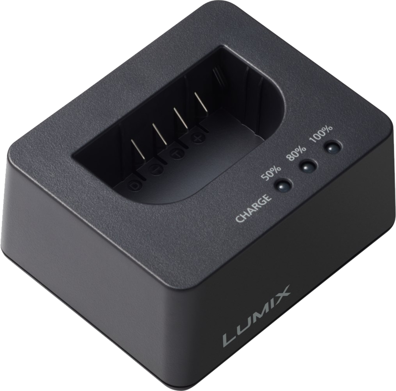 The Panasonic BLK22 Charger USB-C is a black LUMIX charger with three indicator lights marked 50 %, 80 % and 100 %, and an open slot for charging the battery.