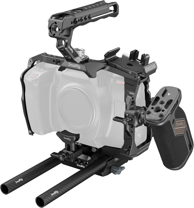 The SmallRig 4575 Advanced Cage Kit for Blackmagic Design Cinema 6K includes top and side handles, accessory mounts and a twin rod support mounted around the semi-transparent camera frame.