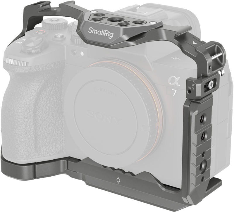 The SmallRig 4481 HawkLock quick release cage is mounted on a Sony Alpha 7 camera, providing additional mounting options and protection for the body. The lens is not attached.