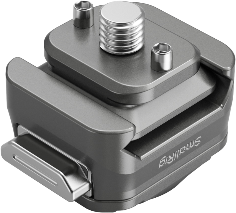 SmallRig 4491 HawkLock H21 Universal Quick Release Mount Plate Kitin lähikuvassa näkyy sen kompakti, kulmikas metallinen muotoilu, näkyvät ruuvit ja merkkipuoli, mikä korostaa sen käyttöä kameran lisävarusteena.