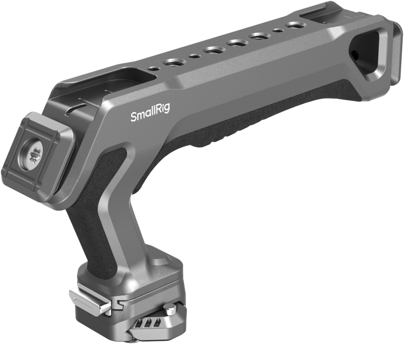 SmallRig 4483 HawkLock H21 Quick Release Top Handle Kit is a metallic grey camera handle with multiple mounting holes and attachment points, ideal for camera rigs and cages.