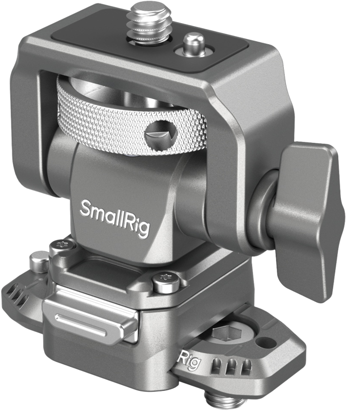 Lähikuva SmallRig 4487 HawkLock H21 Quick Release Monitor Support with NATO Clamp -monitortuesta, jossa korostuvat sen säädettävät nupit, kuvioitu pyörivä rengas ja ruuvikierteet kameralaitteiden kiinnittämistä varten.