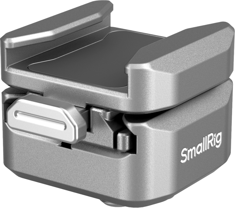 Lähikuva metallisesta SmallRig 4500 HawkLock H18 -pikakiinnitystuesta kylmäkengällä, jossa näkyy sen kompakti suorakulmainen muotoilu, salpamekanismi ja kaiverrettu SmallRig-brändi sivulla.
