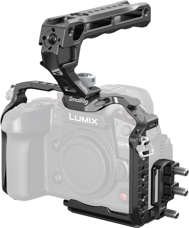 The SmallRig 4825 HawkLock Quick Release Cage Kit attaches to the semi-transparent Panasonic Lumix GH6 camera, providing support and mounting options for your shooting gear.