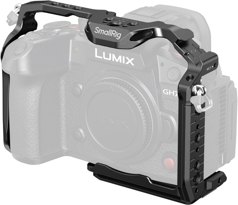 Panasonic Lumix GH7 -kamera, joka on varustettu SmallRig 4824 HawkLock -pikakiinnityshäkillä, joka tarjoaa kiinnitysmahdollisuuksia ja suojaa kameran runkoa.