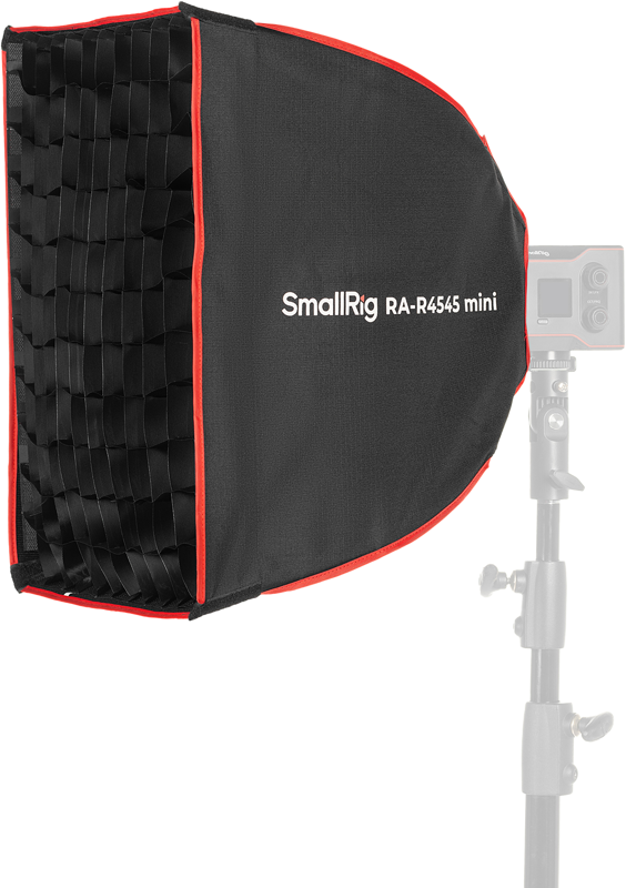 Musta SmallRig 4683 Mini Square Softbox RA-R4545, jossa on punainen reunus ja ritiläkiinnitys, on asennettu jalustalle kameran eteen.