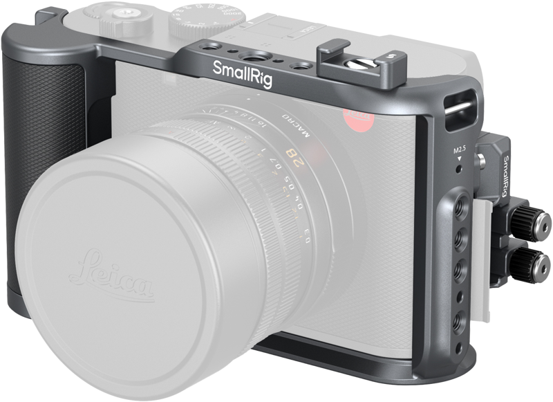 The SmallRig 4567 Cage Kit for Leica Q3 features a Leica camera with lens cover, multiple mounting points and cable management on the side.