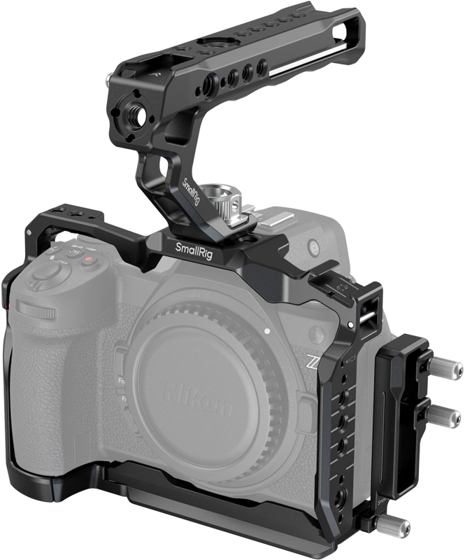 The SmallRig 4520 Camera Cage Kit for Nikon Z6 III, with top handle, mounts to the Nikon Z6 III body and provides enhanced protection and multiple attachment points.