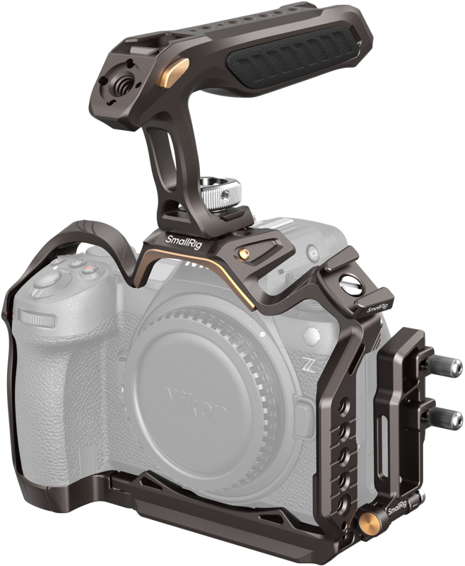 The SmallRig 4522 Night Eagle Cage Kit for Nikon Z 6III attaches to the mirrorless camera body, adding extra mounting points and protecting your shooting gear with its top handle design.