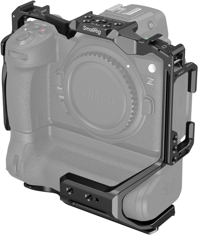 The SmallRig 4524 Cage for Nikon Z6 III with MB-N14 Vertical Grip, in black metal, mounts to the Nikon Z-series camera body, presented in semi-transparent grey, providing protection and multiple mounting points.