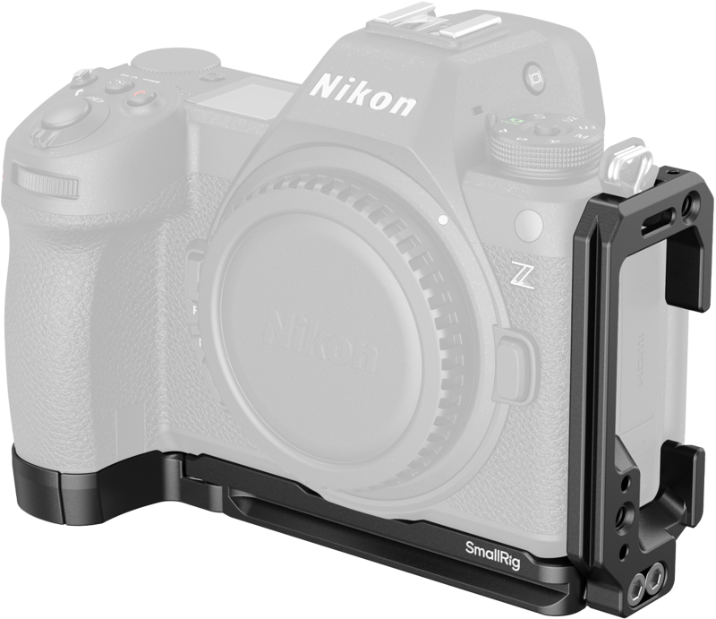 The SmallRig 4523 L-shaped mounting plate for the Nikon Z6 III attaches to the base and side of the Nikon Z6 III and provides mounting points for accessories. The camera appears faded in the background, highlighting the L-shaped bracket.