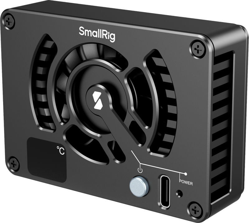 The SmallRig 4815 cooling system for Sony/Canon/Fujifilm cameras is a black unit with a central cooling fan, temperature indicator, power button and USB-C port, shown in a slightly angled front view.