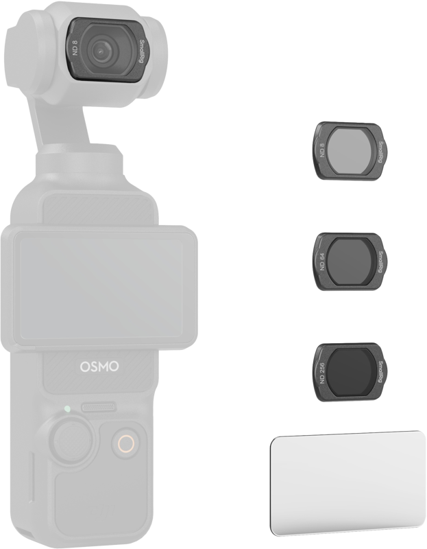 Digital image of SmallRig 4774 ND filter set for DJI Osmo Pocket 3, showing Osmo camera with lens and three ND filters - ND16, ND32, ND64 - stacked vertically and rectangular cleaning cloth at bottom right.
