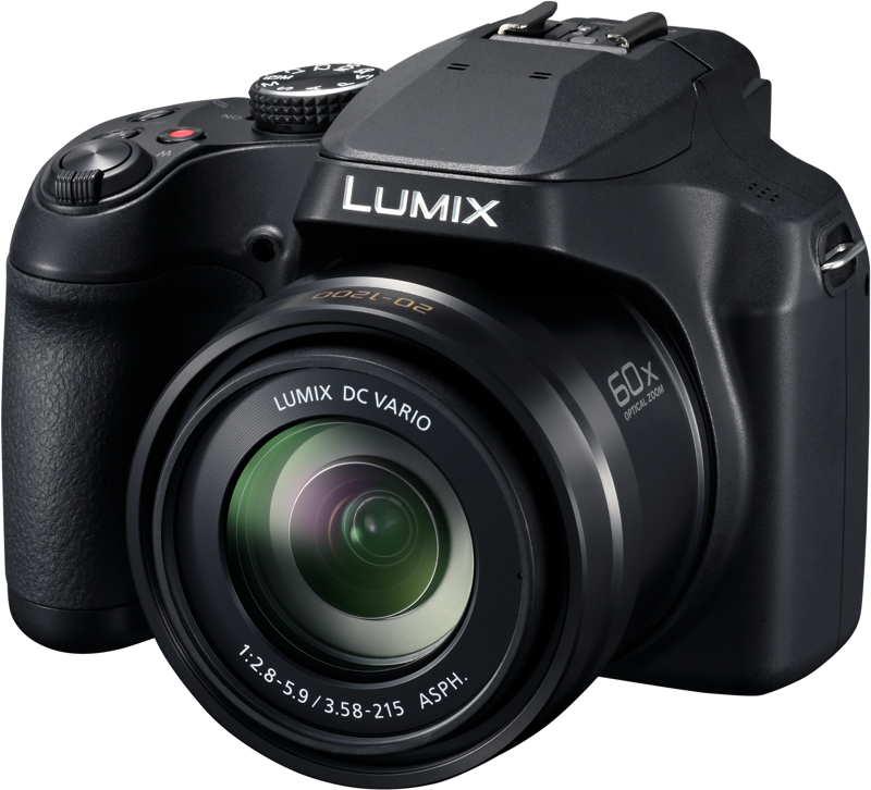 Panasonic Lumix FZ82D -kompaktikamera on musta digitaalikamera, jossa on suuri 60-kertainen zoom-objektiivi, useita ohjauspainikkeita ja kuvioitu kahva vasemmalla puolella.