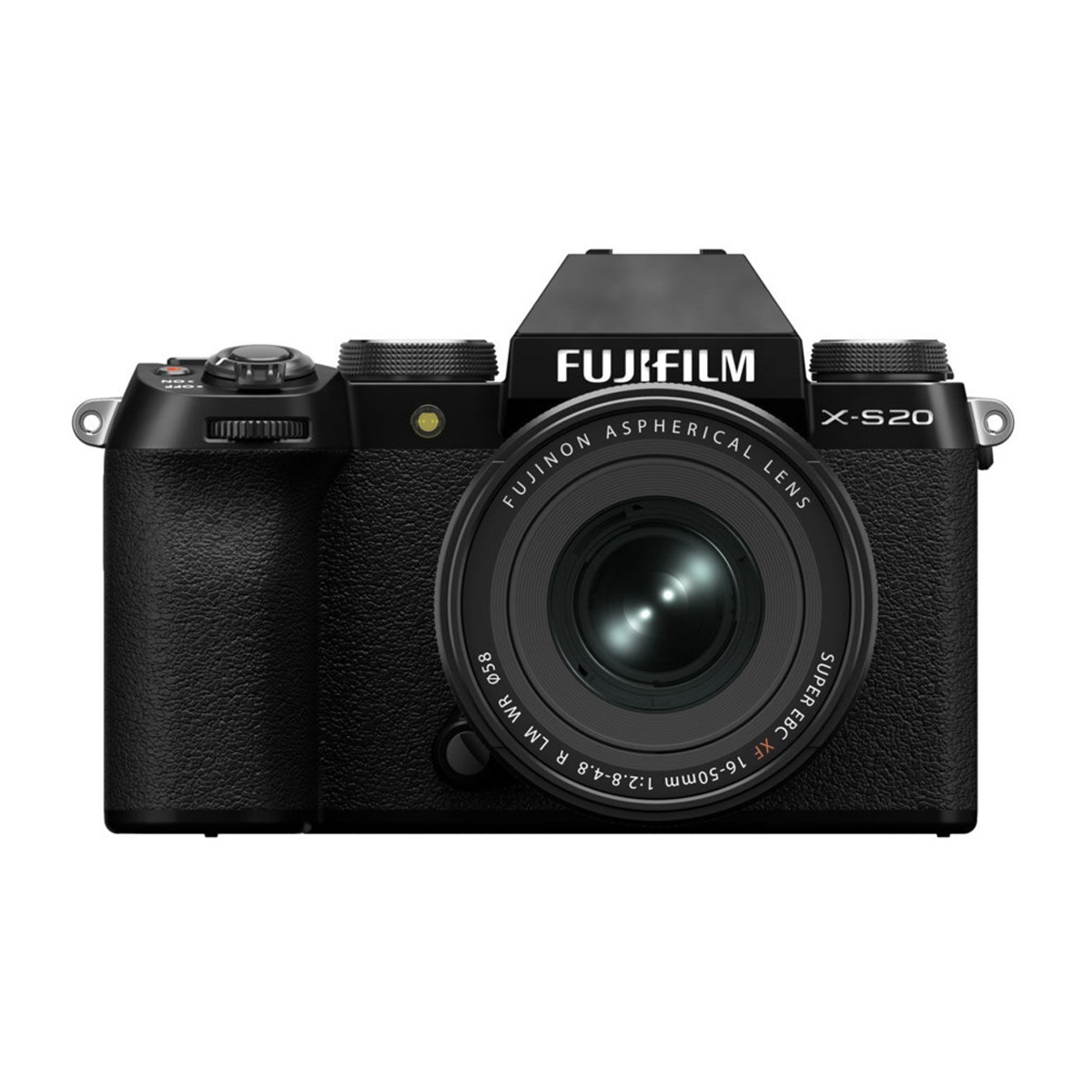 Fujifilm X-S20 + XF 16-50mm f/2.8-4.8 R LM WR -kameran etukuva, jossa näkyy kiinnitetty objektiivi, kuvioitu kahva ja yläpuoliset säätimet.