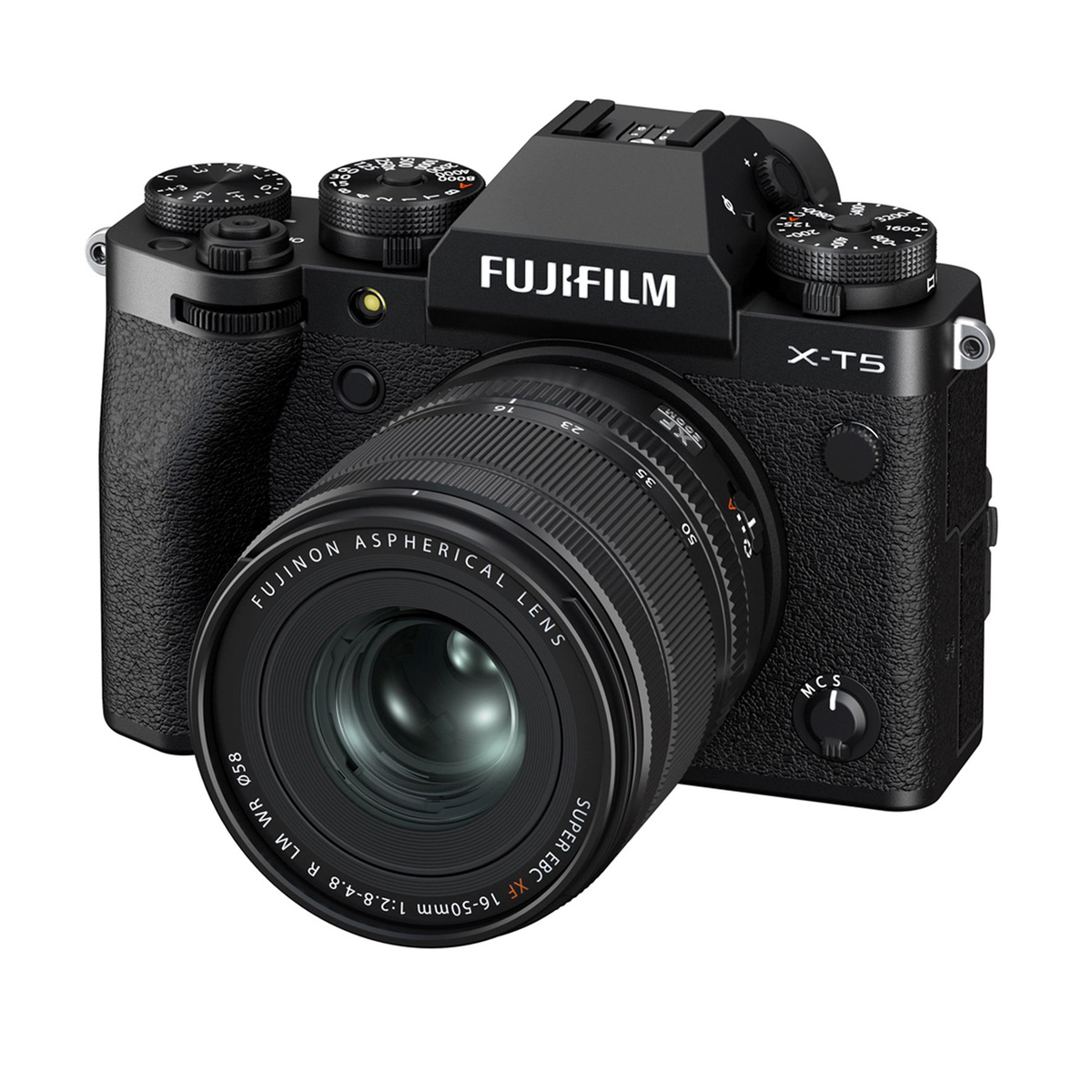 The Fujifilm X-T5 + XF 16-50mm f/2.8-4.8, black, digital mirrorless camera is shot at an angle with a white background.